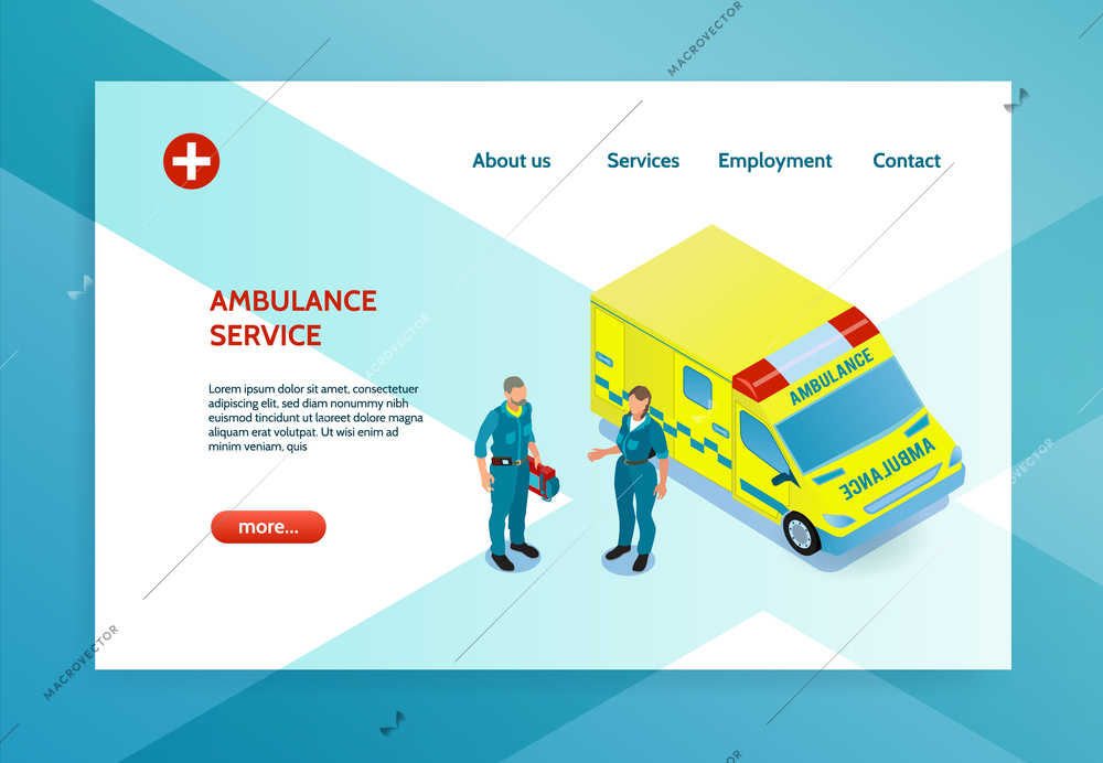 Isometric banner with two doctors and yellow ambulance car 3d vector illustration