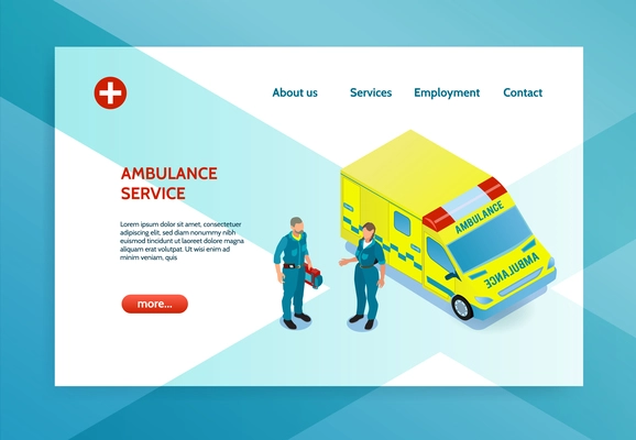 Isometric banner with two doctors and yellow ambulance car 3d vector illustration