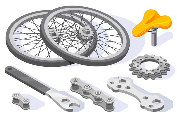 Bicycle repair maintenance tools spare parts accessories isometric set with wheels wrench saddle cogs isolated vector illustration