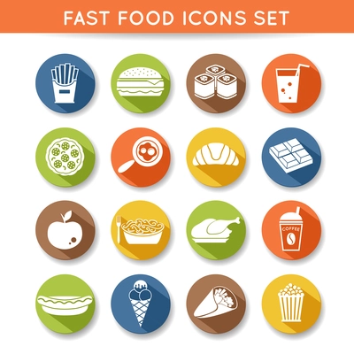 Fast food icons flat set of pizza chocolate apple spaghetti isolated vector illustration