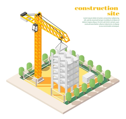 Civil architectural engineering projects roles responsibilities isometric composition with tower crane on building construction site vector illustration