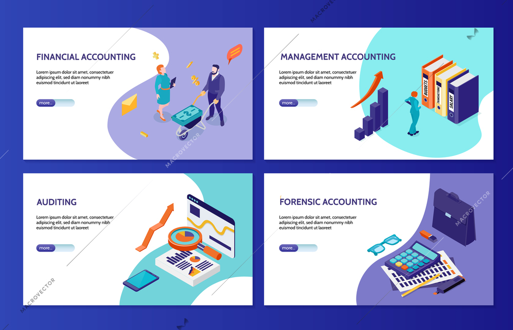Forensic financial and management accounting and auditing horizontal banners 2x2 set isometric vector illustration