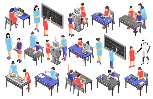 Children technical training centers  isometric compositions set with robotic control systems programming science classes isolated vector illustration