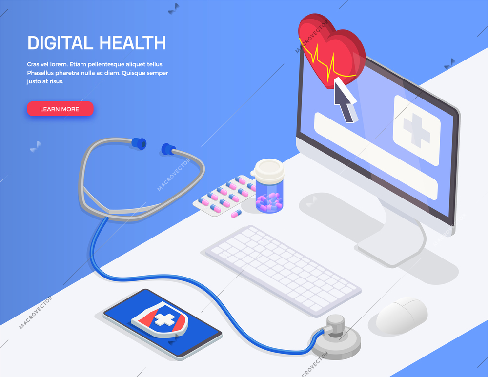 Telemedicine digital health isometric background with text learn more button and images of doctors workspace elements vector illustration