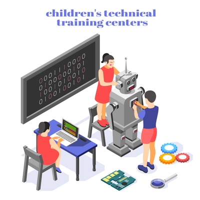 Children technical training center  isometric composition with humanoid robot control system binary codes programming practice vector illustration