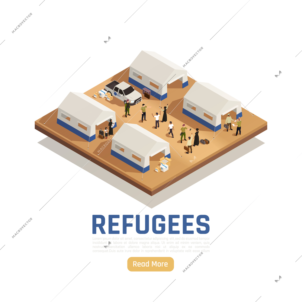 Refugees asylum isometric background with car that delivered humanitarian aid into camp for immigrants vector illustration