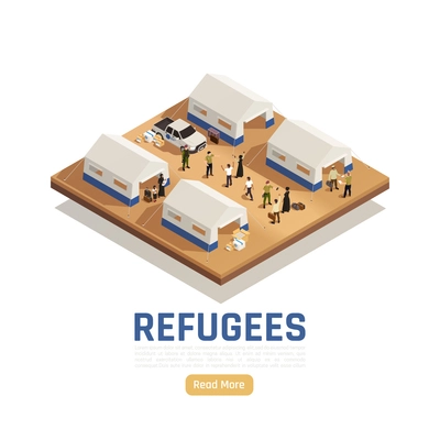 Refugees asylum isometric background with car that delivered humanitarian aid into camp for immigrants vector illustration