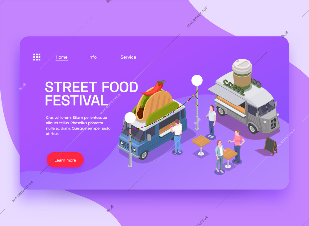 Food truck isometric website landing page background with images of sandwich and coffee trucks with people vector illustration