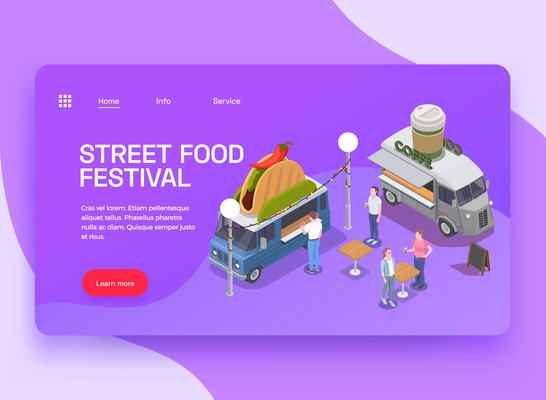 Food truck isometric website landing page background with images of sandwich and coffee trucks with people vector illustration