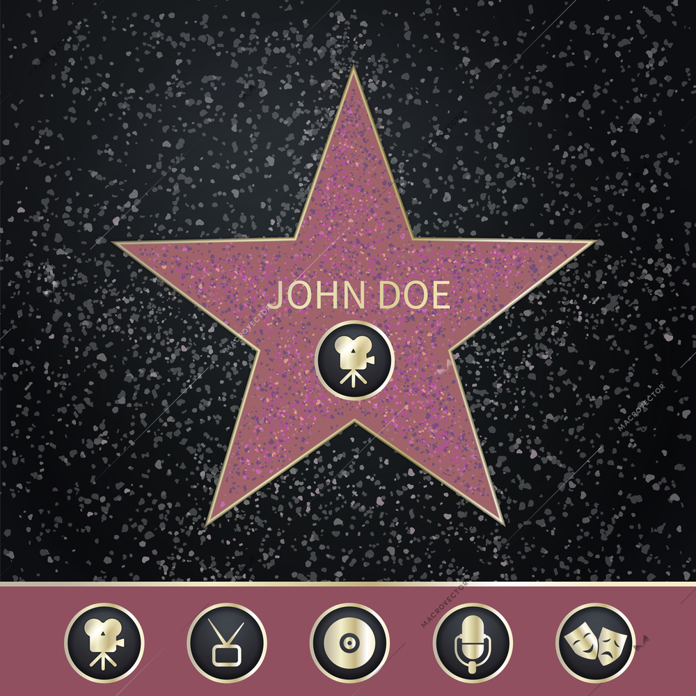 Walk of fame realistic set with circle pictograms and star with editable name of famous person vector illustration