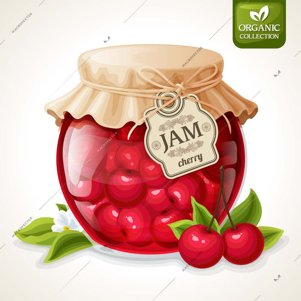 Natural organic homemade cherry berry jam in glass jar with tag and paper cover vector illustration