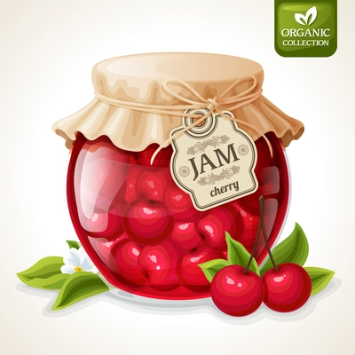 Natural organic homemade cherry berry jam in glass jar with tag and paper cover vector illustration