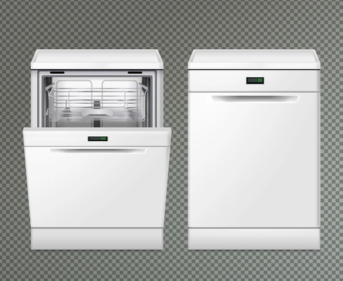 Dishwasher machine set of realistic images on transparent background featuring views with closed and opened lid vector illustration