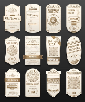 White and golden retro vintage luxury labels of different shape realistic set for premium quality products isolated on black background vector illustration