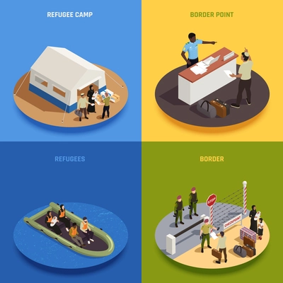 Immigrants 2x2 design concept set of illegal  immigrants sailing in boat temporary residence camp border control isometric square compositions vector illustration