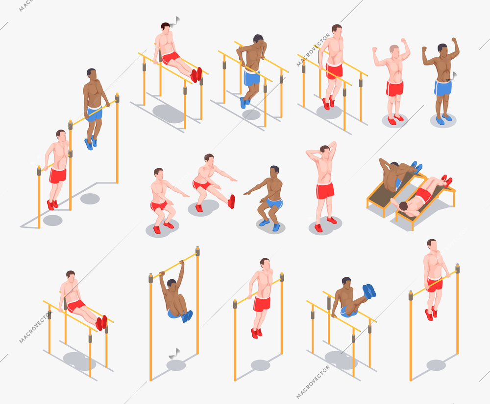 Workout isometric people set of isolated human characters with shadows and various pieces of sports equipment vector illustration