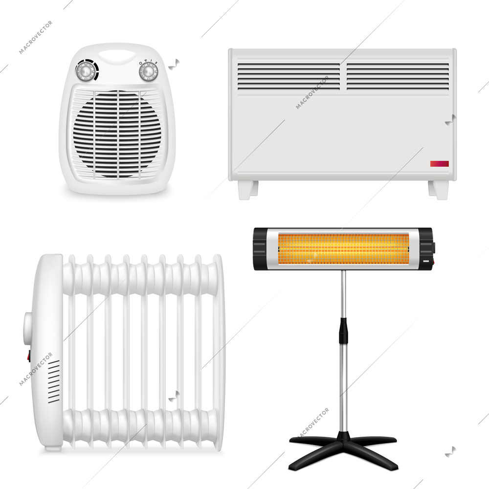 Heaters realistic set with isolated images of home appliances on blank background with different models vector illustration