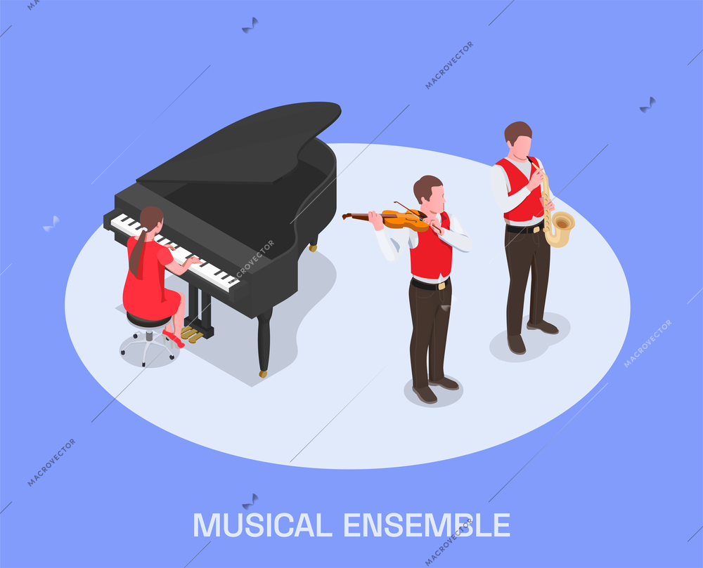 Creative people professions artist isometric composition with text and group of people performing music on instruments vector illustration