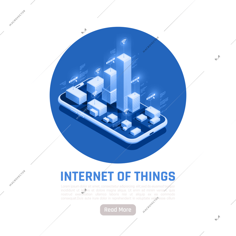 Internet of things isometric round background  with modern city buildings standing on screen of smartphone with wi fi function vector illustration