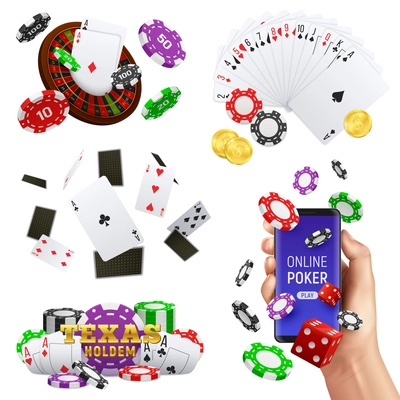 Casino club online realistic set with poker and roulette game wheel cards dice chips accessories vector illustration