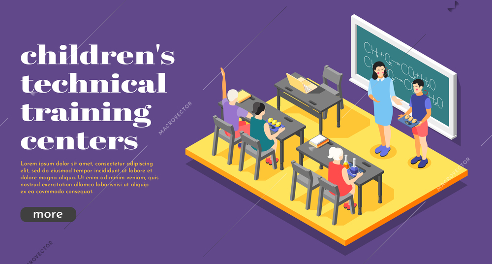 Children technical center online training  landing web page with chemical formulas on chalkboard isometric background vector illustration