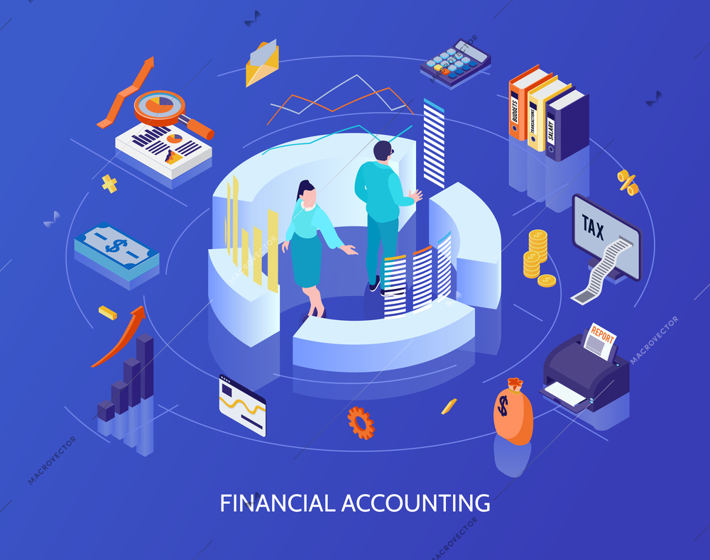 Financial accounting isometric background with calculator tax cash report graphs and charts icons vector illustration