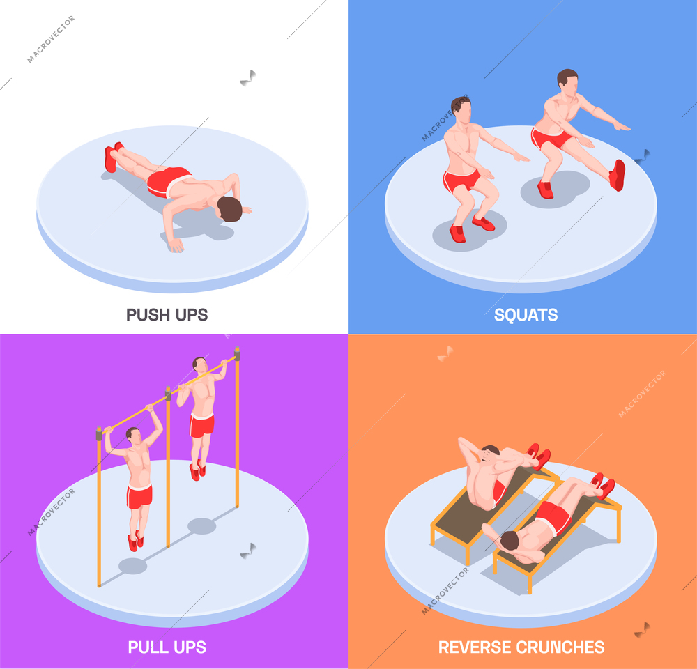 Workout isometric people design concept with human characters of athletes doing exercises with editable text captions vector illustration