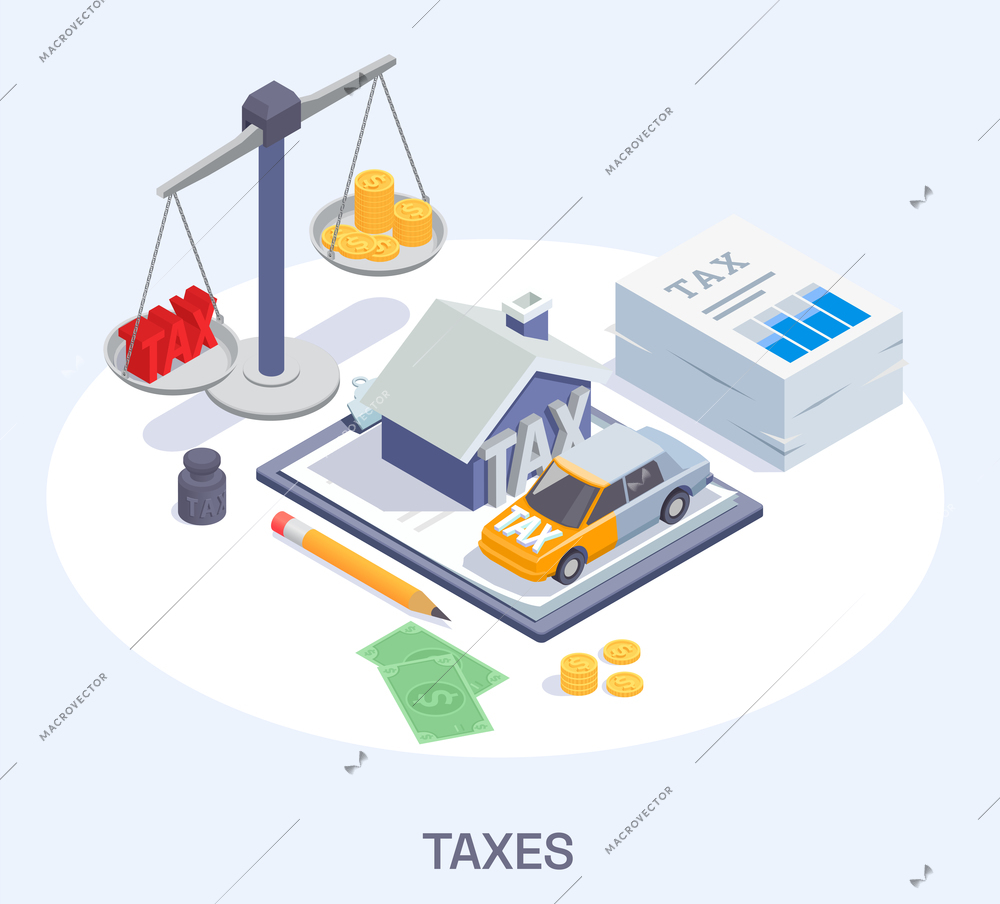 Taxes accounting isometric composition with text round spot and images of various financial objects with shadows vector illustration