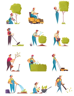 Gardener icons set with trees and bushes flat isolated vector illustration