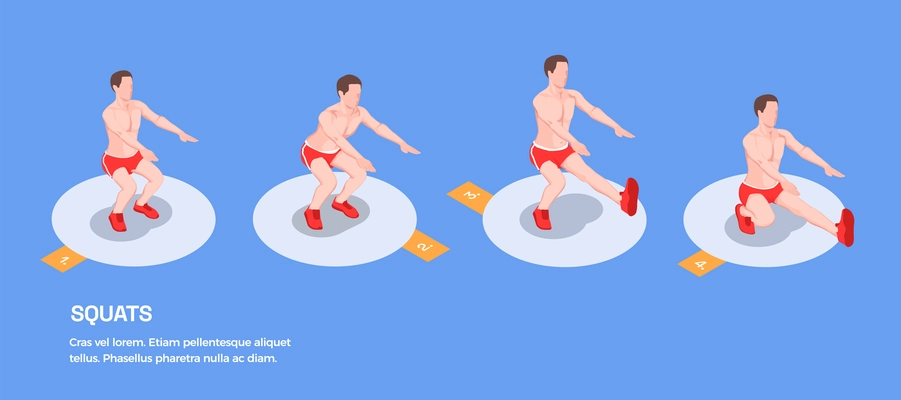 Workout isometric people background with isolated figures of male athlete performing squat exercises with editable text vector illustration