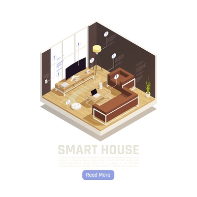 Internet of things isometric interior of smart room with router smart tv home speaker assistant floor lamp with remote control from smartphone vector illustration