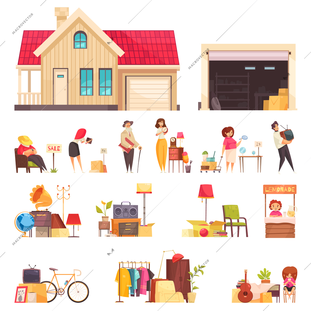 Garage sale icons set with clothes and furniture flat isolated vector illustration