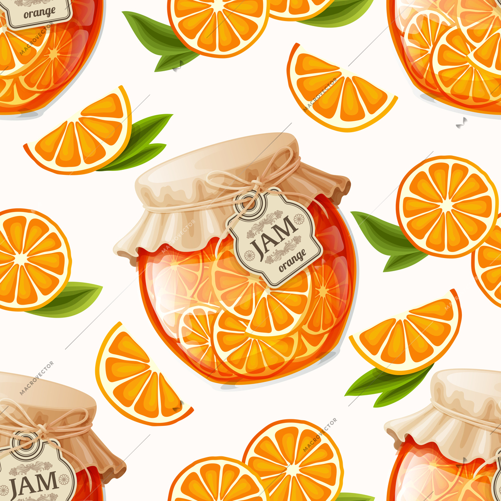 Natural organic orange slices jam jar and leaves seamless pattern vector illustration