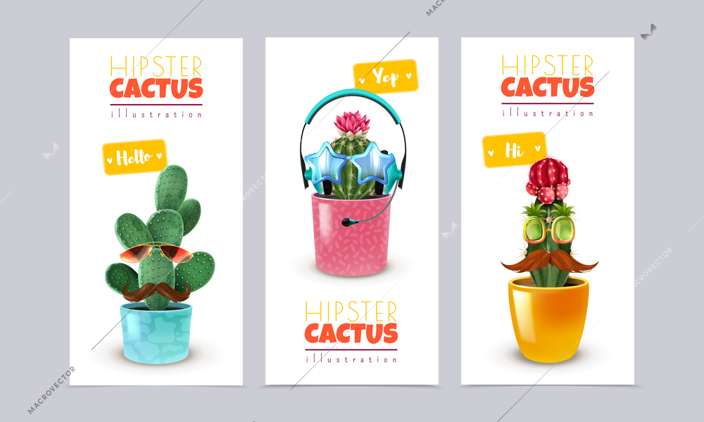 Hipster cactus humorous banners set with popular exotic tropical plants in pots decorated with glasses headset and mustache accessories vector illustration