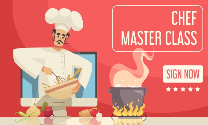 Chef master class poster with cooking workshop symbols flat vector illustration