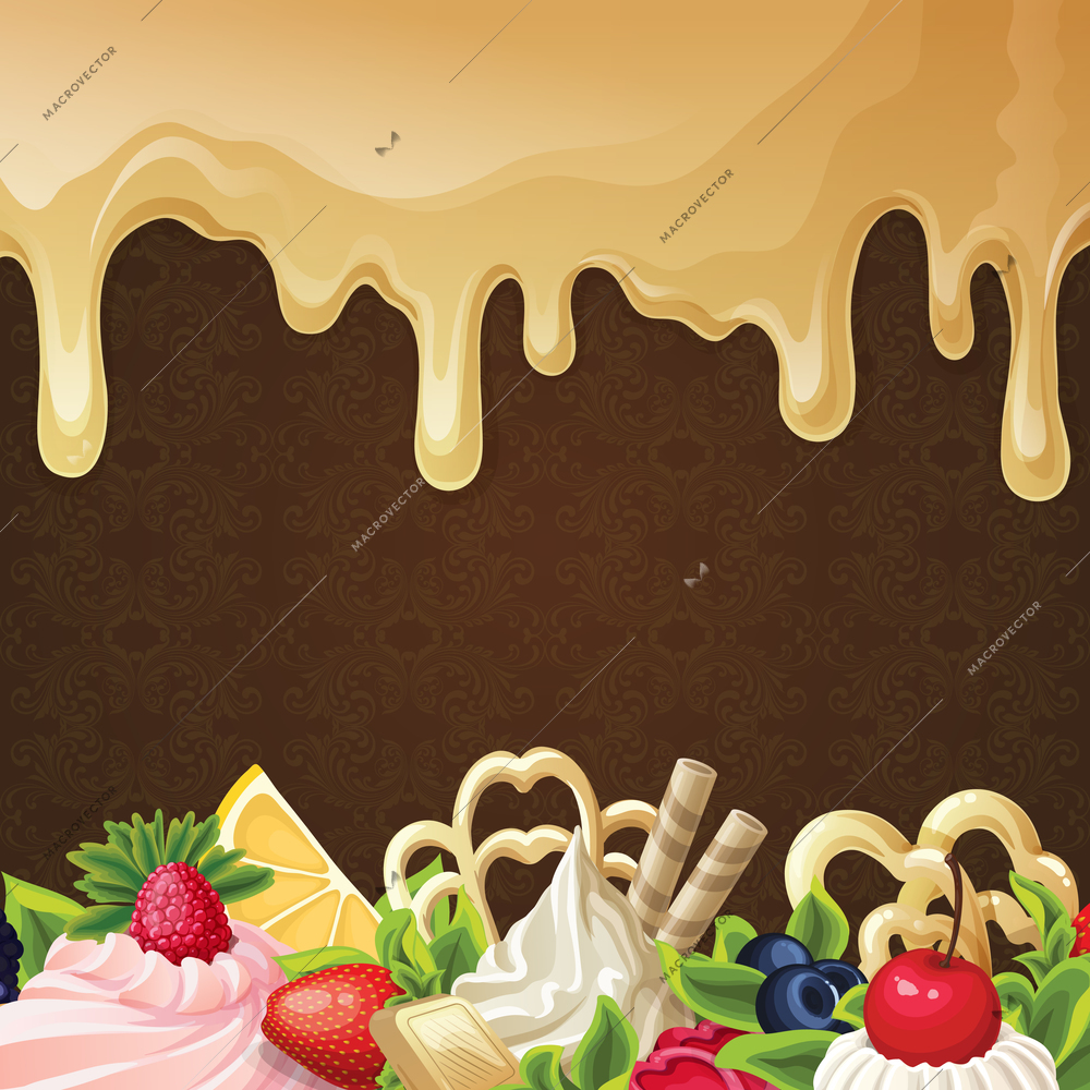 Sweets dessert background with caramel syrup berry cream and ornament vector illustration.