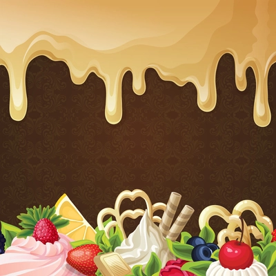 Sweets dessert background with caramel syrup berry cream and ornament vector illustration.