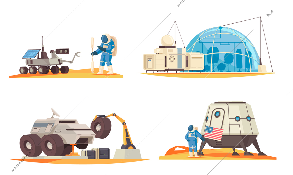 Marc colonization mission components 4 flat composition with planting flag astronaut spacecraft rover horticultural area vector illustration