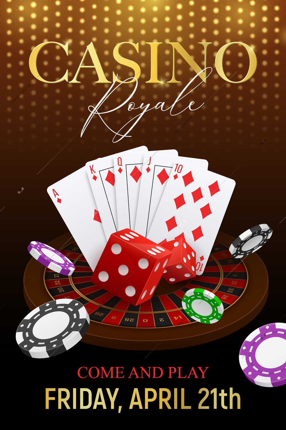 Casino poker club event announcement invitation realistic festive background poster with cards dice chips golden font vector illustration