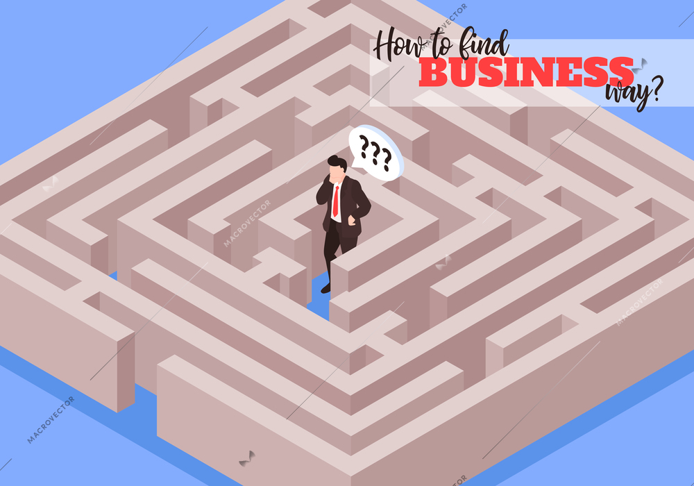 Business finding solutions solving problems reaching goals isometric labyrinth maze allegory with businessman in center vector illustration