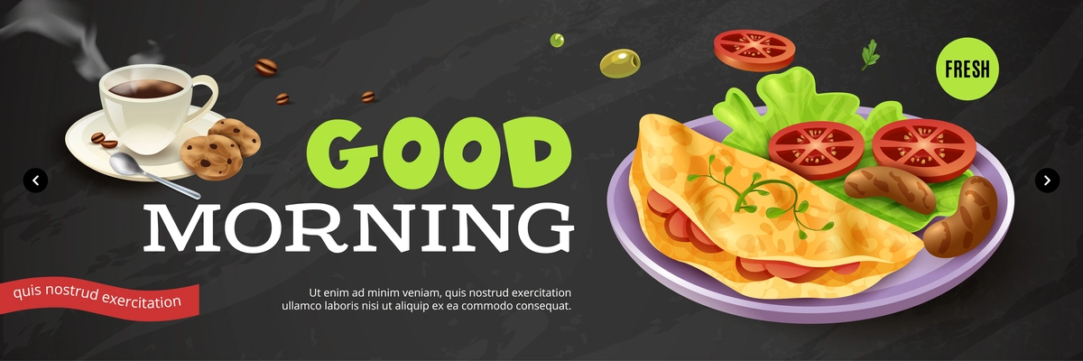 Good Morning ad poster with cup of coffee cookies and plate with vegetables pancakes frankfurters on black background vector illustration