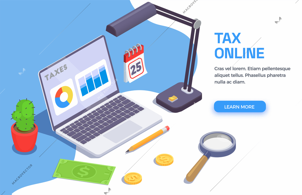 Taxes accounting isometric background with clickable learn more button editable text and elements of working space vector illustration