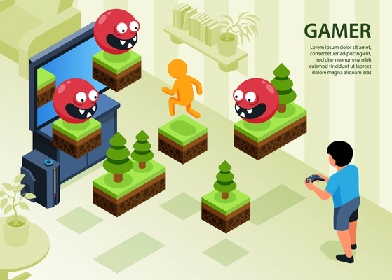 Isometric video game horizontal background with indoor composition of platforms and mobs with little boy character vector illustration