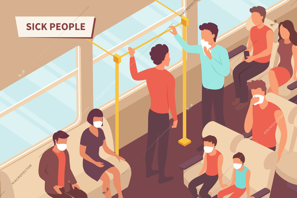 Transport sick people isometric composition with text and inside view of passenger car with ill people vector illustration