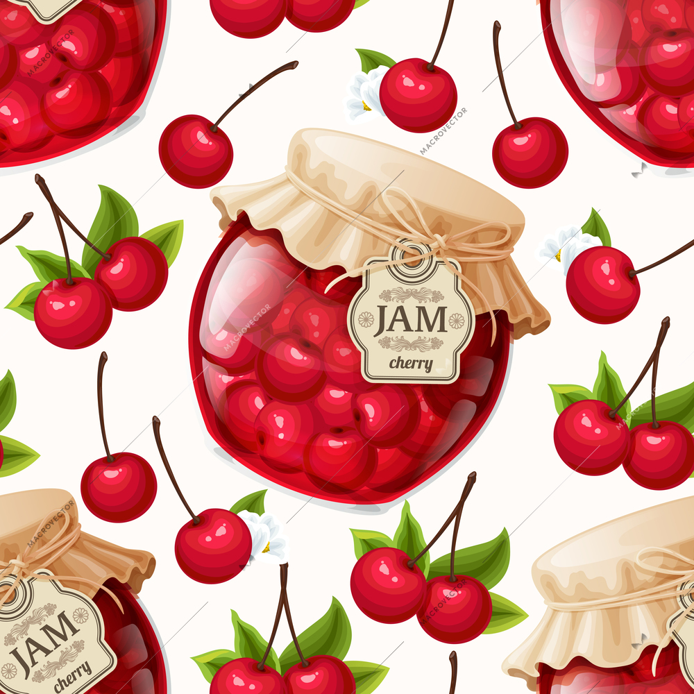 Natural organic cherry berries jam jar and leaves seamless pattern vector illustration