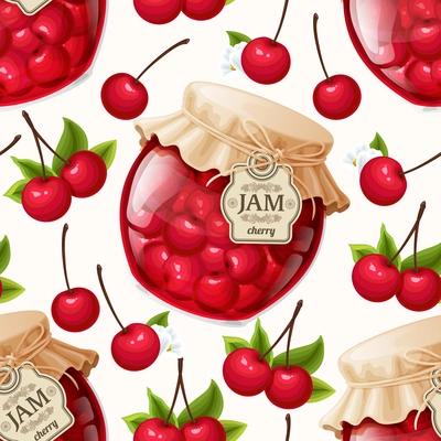 Natural organic cherry berries jam jar and leaves seamless pattern vector illustration