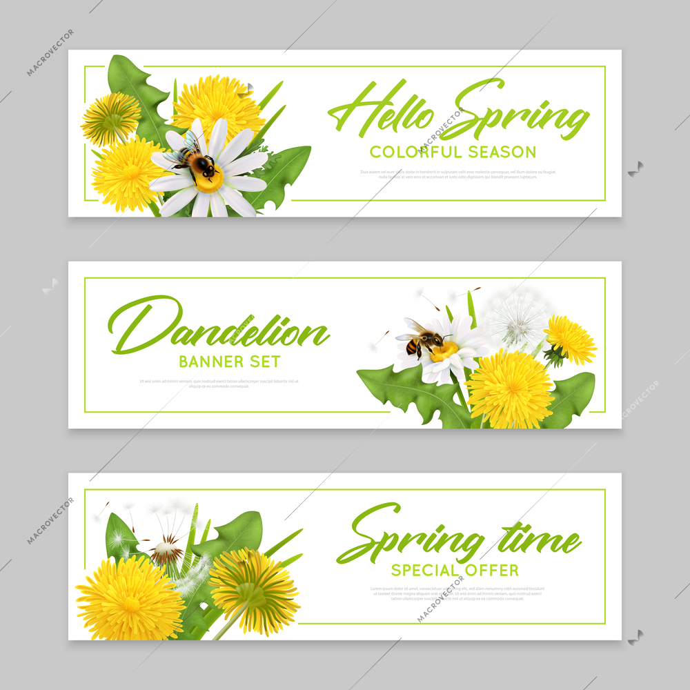 Realistic dandelions banners set of three horizontal backgrounds with editable ornate text and images of flowers vector illustration