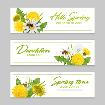 Realistic dandelions banners set of three horizontal backgrounds with editable ornate text and images of flowers vector illustration