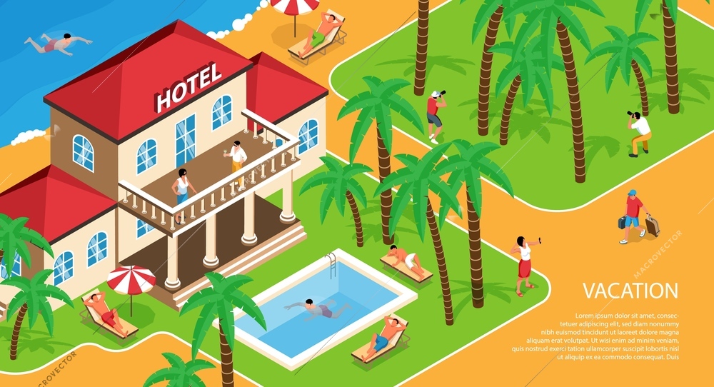 Isometric tourist agency horizontal background with text and hotel building with relaxing people on grounds vector illustration