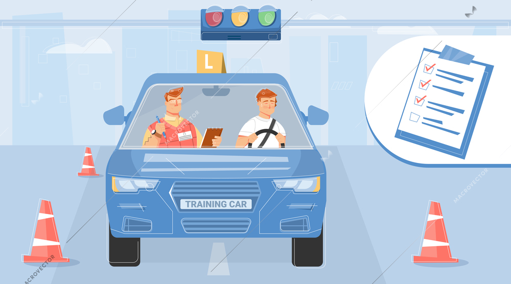 Student taking driving test with instructor flat design background vector illustration